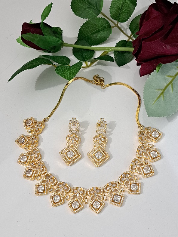 Rhombus shape AD stone necklace in golden colors